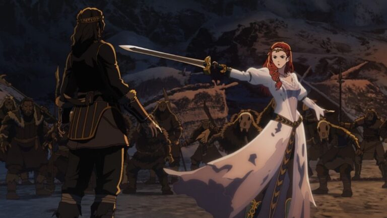 The Lord of the Rings: The War of the Rohirrim anime scene. Héra, wielding a sword, faces a warrior amid a battle.