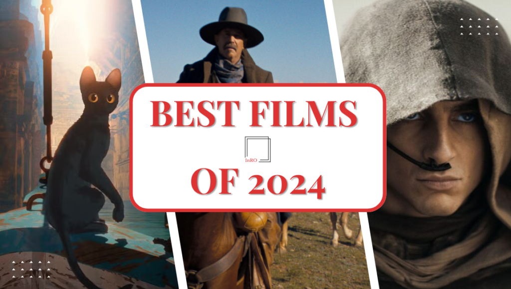 Best Films of 2024: Movie stills collage featuring a black cat, a cowboy, and Timothée Chalamet in Dune.