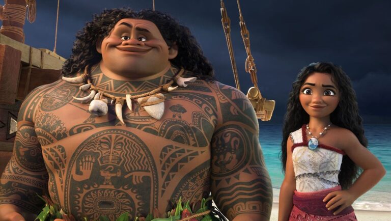 Moana and Maui in Moana 2. Animated characters on a beach. Disney movie sequel.