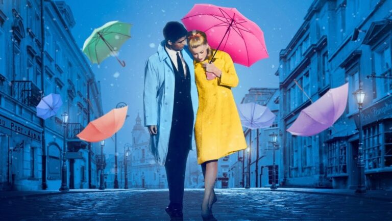 The Umbrellas of Cherbourg movie scene. Couple with colorful umbrellas in a blue-toned, rainy street. Jacques Demy film.