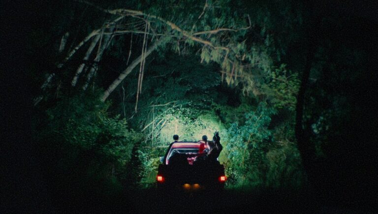 Nighttime bush ride. Dark Ute truck driving on a forest road with people in the back. Outdoor adventure.