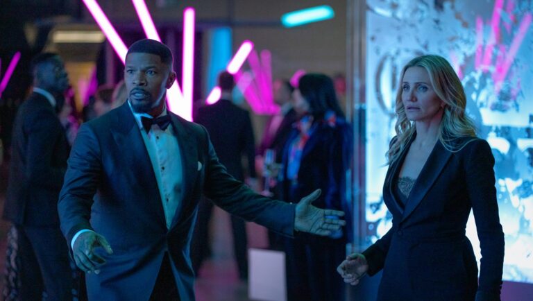 Jamie Foxx and Cameron Diaz in Back in Action movie scene at a party. Celebrities.