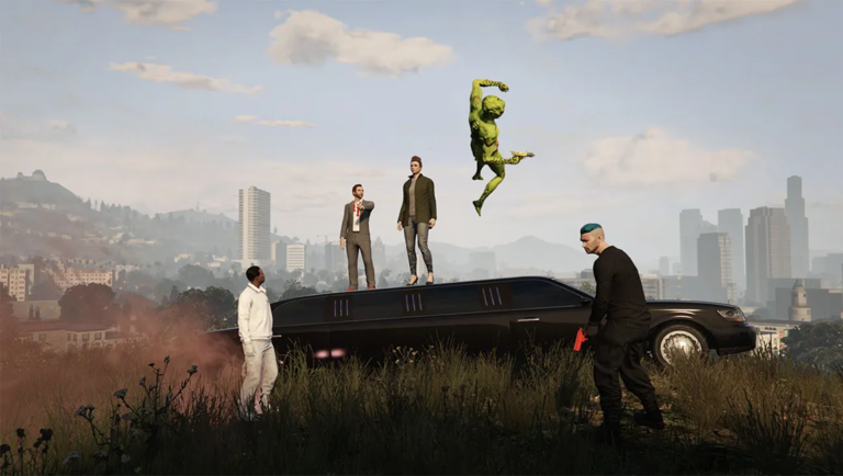 Grand Theft Auto scene with characters on a limo, including a green alien. City skyline background. GTA V.