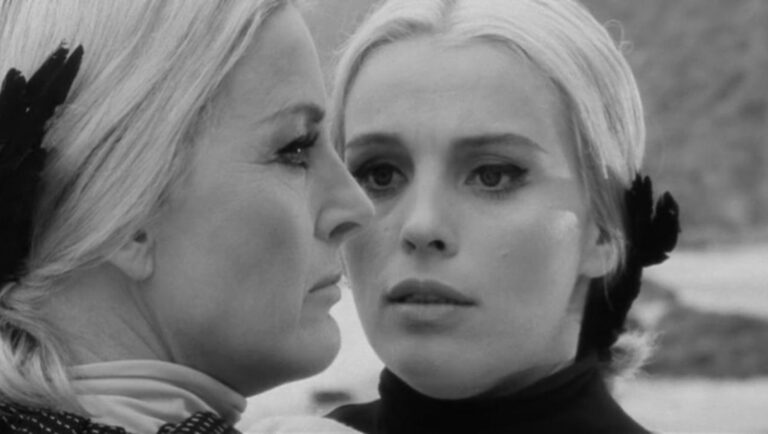 Black and white film still from Incubus (1966) featuring actresses Milos Milos and Allyson Ames.