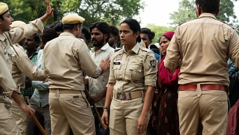 Santosh movie scene: Sandhya Suri film shows a female police officer amidst a crowd.
