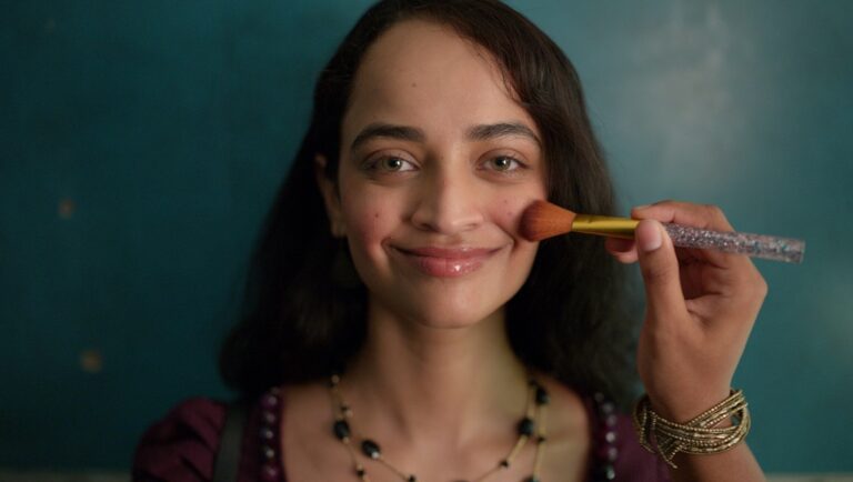 Bad Girl film still: Woman applies blush with brush. Beauty, makeup, and cosmetics.