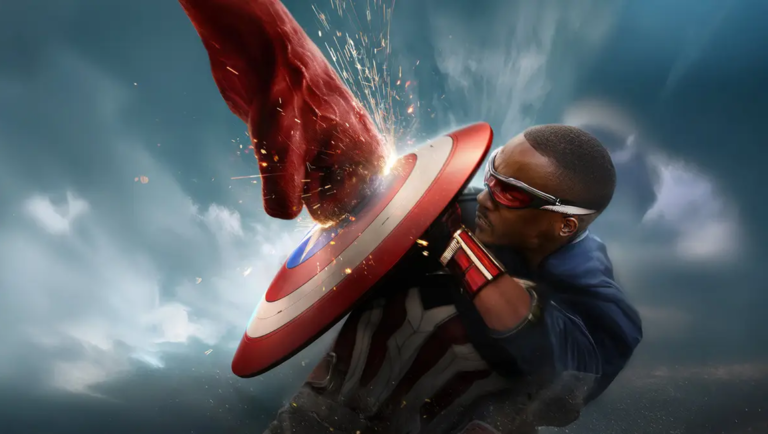 Captain America: Brave New World. Anthony Mackie as Captain America blocking a punch with his shield. Marvel Comics superhero.