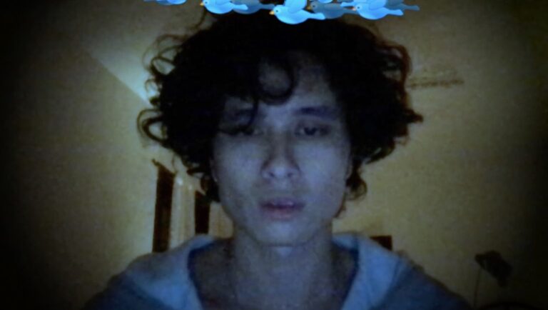 Sleep #2 film still from Doc Fortnight 2025 features a young person with birds above their head.