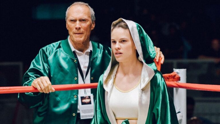 Clint Eastwood and Hilary Swank in Million Dollar Baby. Boxing movie scene.