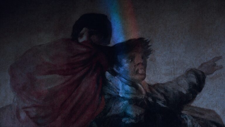 El Quinto del Sordo painting for Doc Fortnight 2025. Two figures, one pointing, with a rainbow effect.
