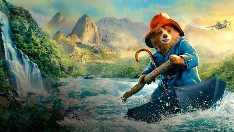 Paddington in Peru movie image. Paddington Bear rows an umbrella boat near Machu Picchu.