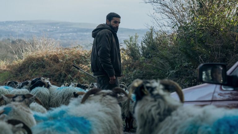 Bring Them Down movie review: Man with sheep herd. Rural landscape.