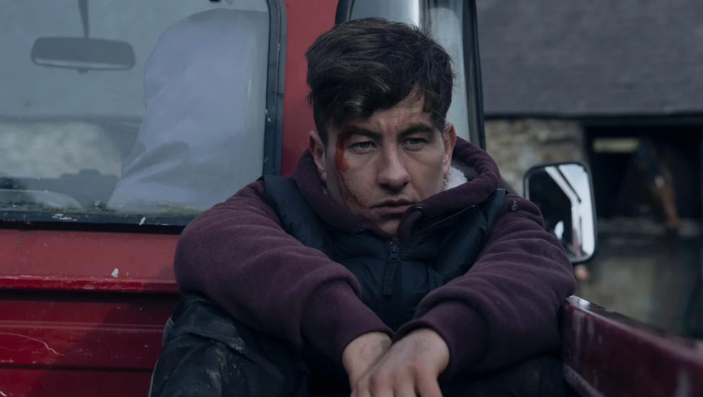 February 2025 — Reviews Roundup Bring Them Down film review. Barry Keoghan with a head wound sits in a red truck. February 2025 movie roundup.