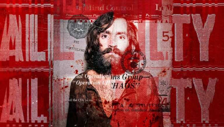 Chaos Manson Murders film poster. Charles Manson portrait with CIA Operation CHAOS & FBI COINTELPRO imagery. Doc Fortnight 2025.