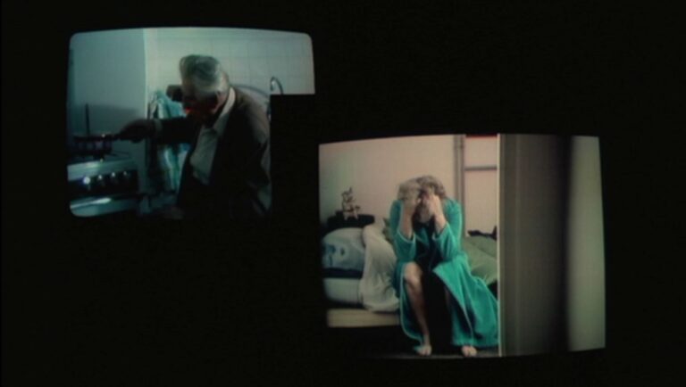 Film still: Man cooking, woman in distress. Vintage television screens display the scenes. Dark, moody aesthetic.