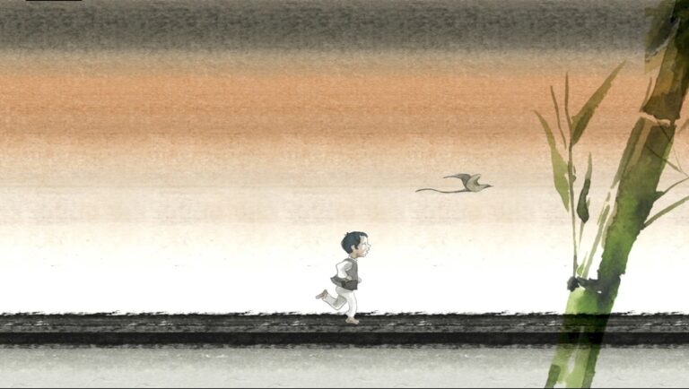 Watercolor painting of a boy running with a kite near bamboo. Asian art style.