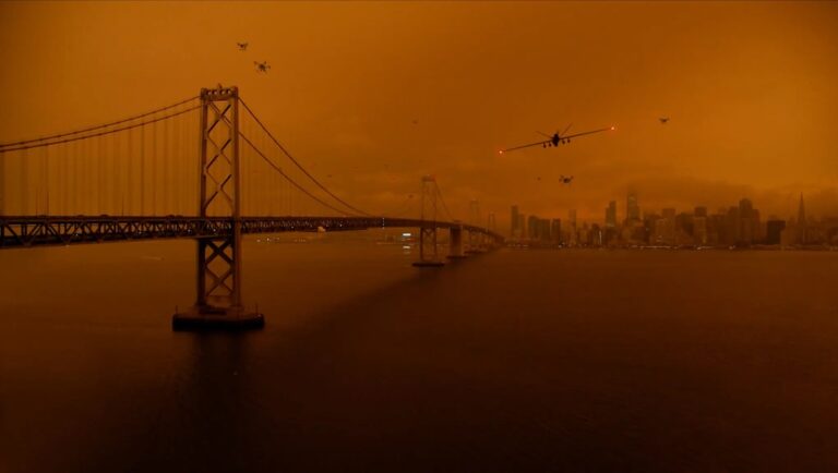 Dystopian San Francisco: Golden Gate Bridge, drones, and orange sky. Sci-fi cityscape.