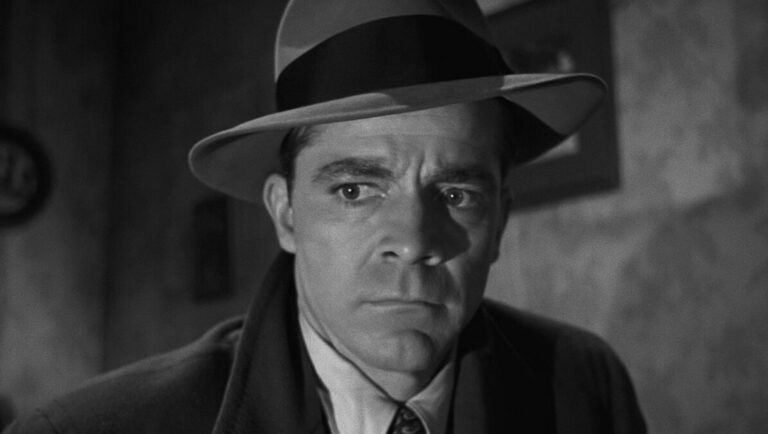 An Entire Aesthetic Toolbox: Otto Preminger’s Where the Sidewalk Ends Dana Andrews in Where the Sidewalk Ends film noir. Man in hat, black and white movie.