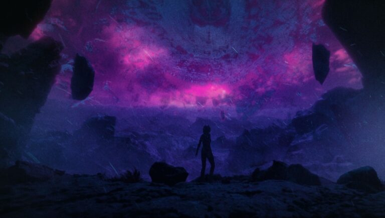Sci-fi horror scene: Figure stands before a cosmic, purple sky. Dark, otherworldly landscape. Fantasy art.