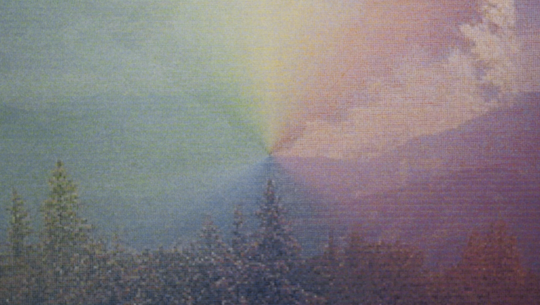 Armand Yervant Tufenkian's C In the Manner of Smoke 1 artwork. Abstract landscape with trees and rainbow effect. Cinéma du Réel 2025.