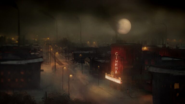 Night city scene with a cinema neon sign and full moon.
