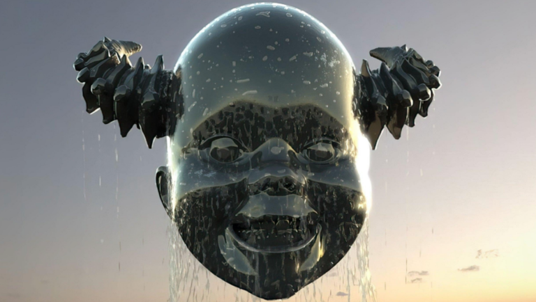 Baby Invasion review: Shiny, black baby head sculpture. Harmony Korine art piece.