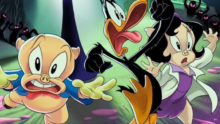 Cartoon panic! Porky Pig, Daffy Duck, and Petunia Pig flee from shadowy figures. Cartoon animation, Looney Tunes style.