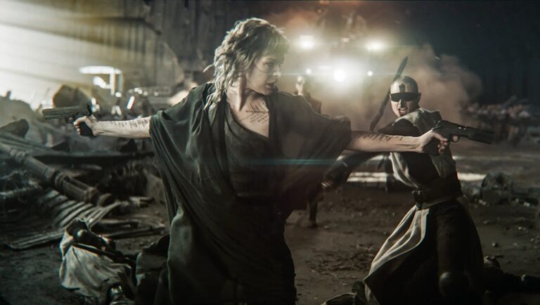 In the Lost Lands movie review. Milla Jovovich and Dave Bautista brandishing guns in a post-apocalyptic setting.