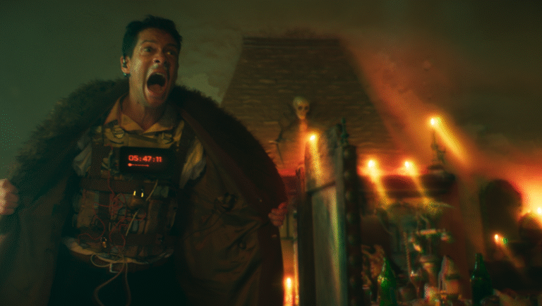 Man with bomb vest screaming. Countdown timer. Action scene, tension, danger. Explosive situation. Thriller movie still.