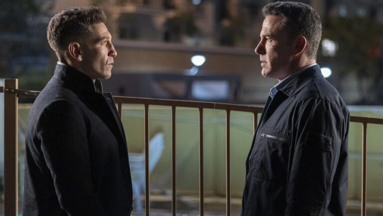 The Accountant 2 movie scene: Ben Affleck and Jon Bernthal in a tense face-off.