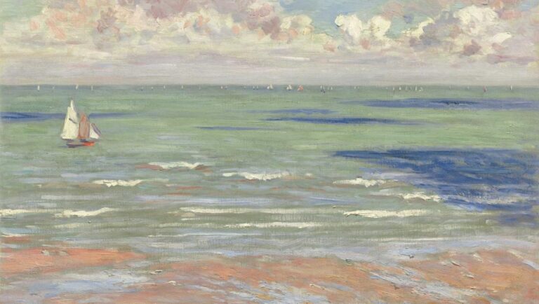 Impressionism art: Sailboat on sea, beach. Painting of ocean view with boats, clouds, and waves. Claude Monet style.