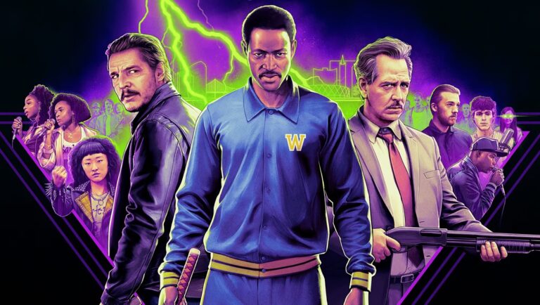 Freaky Tales movie poster. Features diverse characters, lightning, and neon colors. Ryan Fleck and Anna Boden film review.