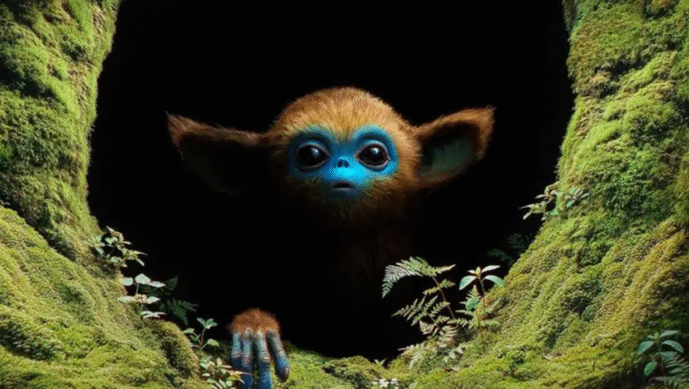 Legend of Ochi movie image. Cute, furry creature with blue skin peeks from a mossy cave. A24 film.