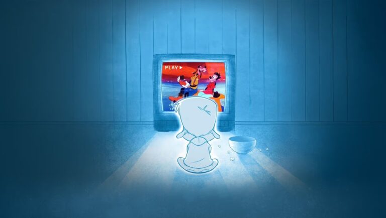 Child watches Disney Plus. Goofy and Max on TV. Nostalgic cartoon viewing. Streaming entertainment.