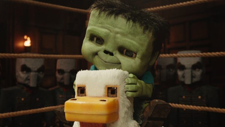 Minecraft Mob Vote 2023: Baby Zombie riding a Duck plush. Villagers watch from ringside.