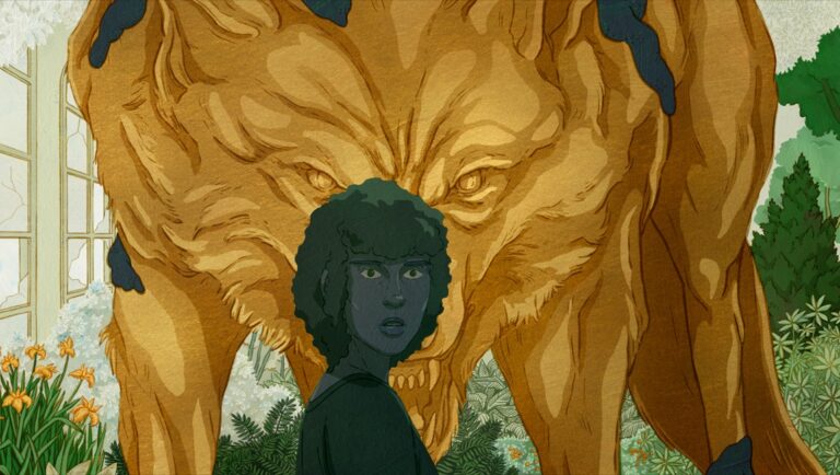 The Young Mothers Home film still from Cannes Film Festival 2025. Woman with wolf.