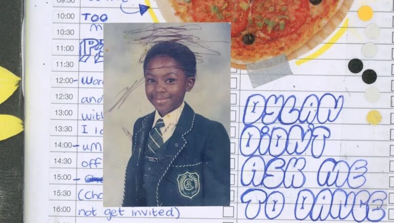 Photo collage with a child's school picture, pizza image, and handwritten notes. Diary entry.
