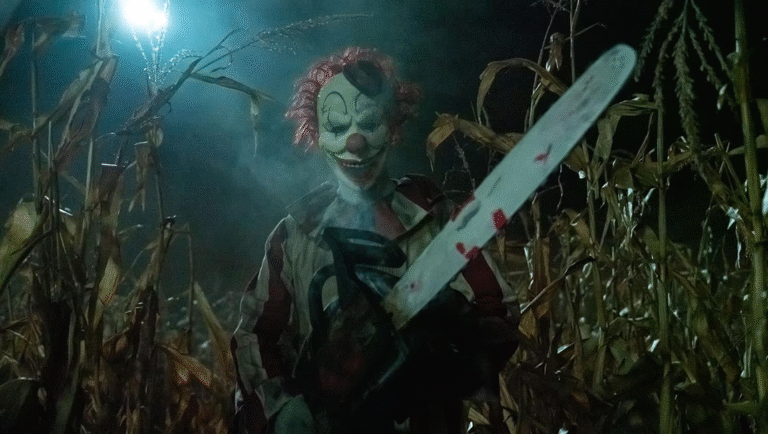 Clown in a Cornfield movie image. Scary clown wielding a chainsaw in a cornfield. Horror movie scene.