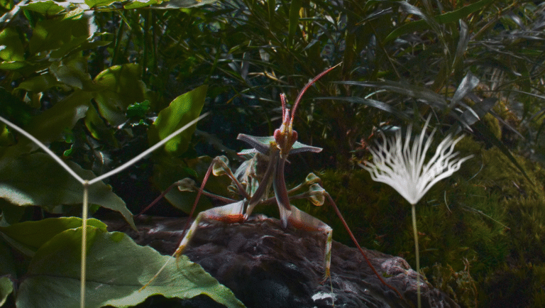 Cannes Film Festival: A praying mantis in a lush, green environment, possibly related to the film Sound of Falling.