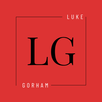 Luke Gorham logo. Red background with black LG letters inside a square. Minimalist design.