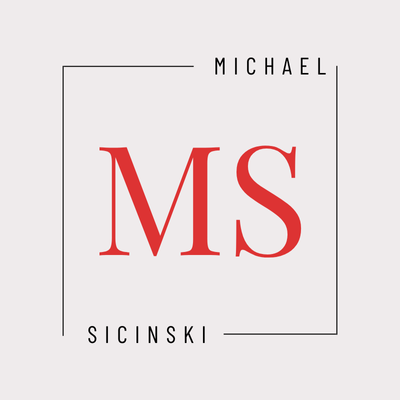 Michael Sicinski logo. Red MS initials within a black square frame. Minimalist design.