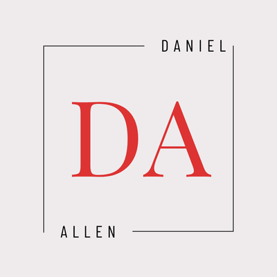 Daniel Allen logo. Red DA monogram within a square frame. Modern, minimalist design.