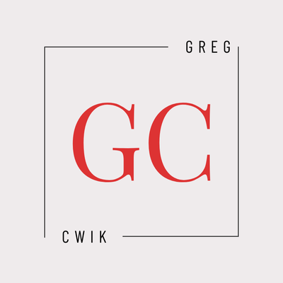GC monogram logo. Red letters, Greg Cwik text, and a square frame.