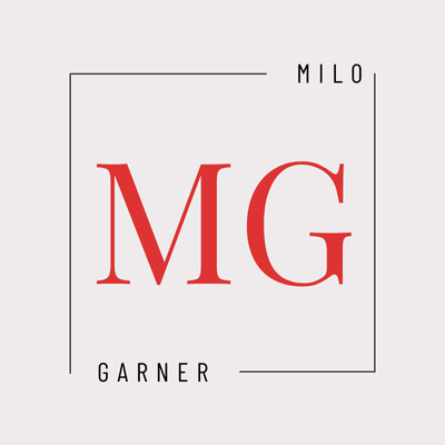 Modern logo with red MG initials, Milo Garner text, and a minimalist square frame.