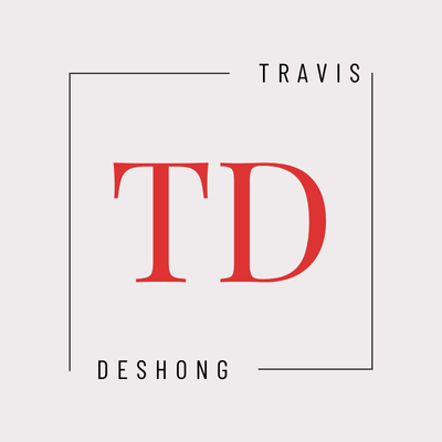 Travis Deshong logo. Red TD initials in a square frame. Modern branding.