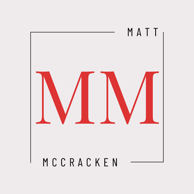 Matt McCracken logo. Red MM initials in a square frame. Minimalist design.