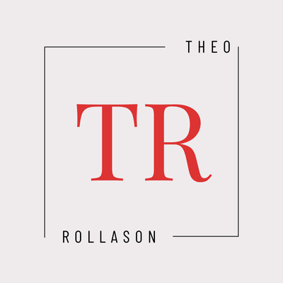 Theo Rollason logo. Red TR letters inside a square. Minimalist design.