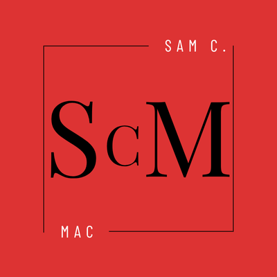 Sam C. Mac logo. ScM letters in black, red background, and square border.