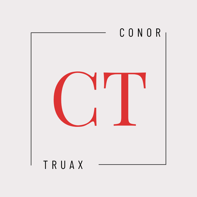 Conor Truax logo. Red 'CT' monogram inside a square frame. Modern brand identity.