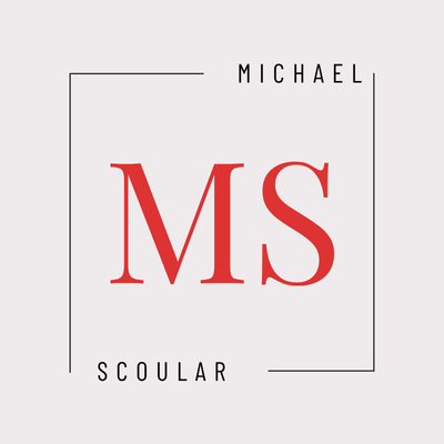 Michael Scoular logo. Red MS letters in a square frame. Minimalist design.
